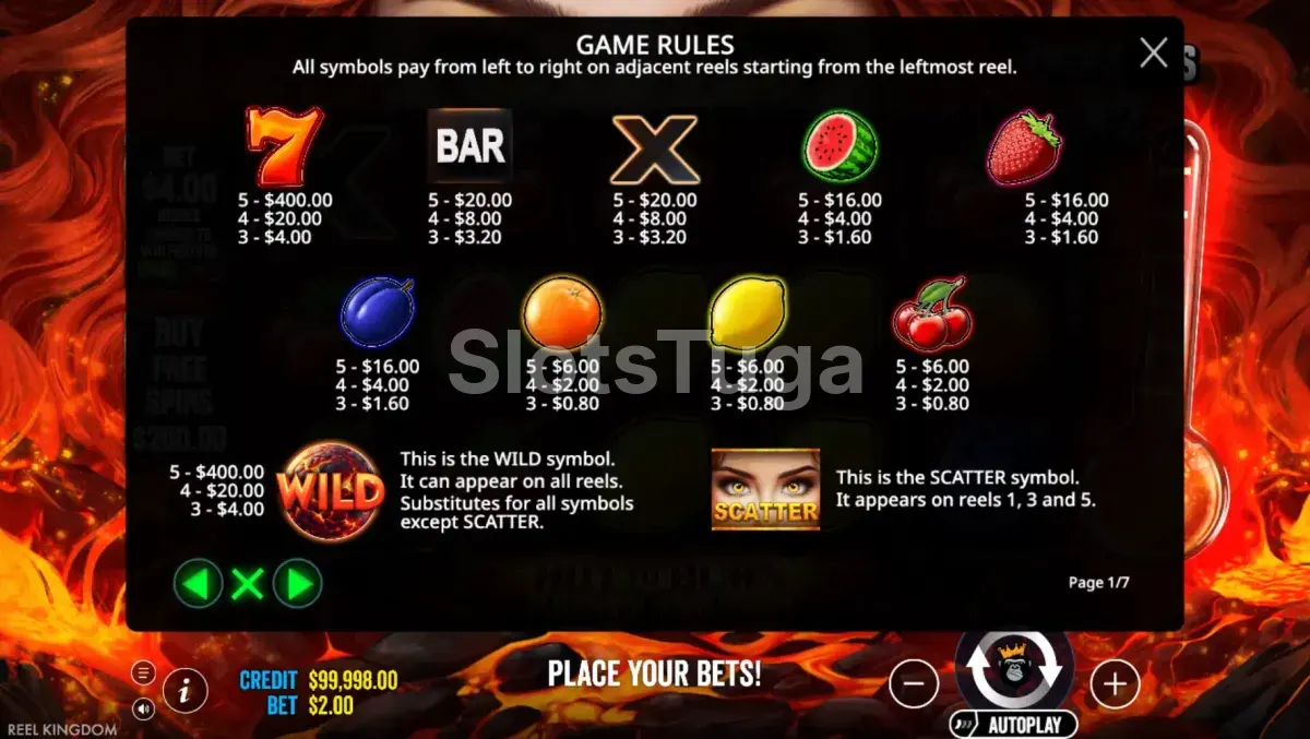 Tabela de pagamentos da Hot to Burn 7 Deadly Free Spins com símbolos e valores