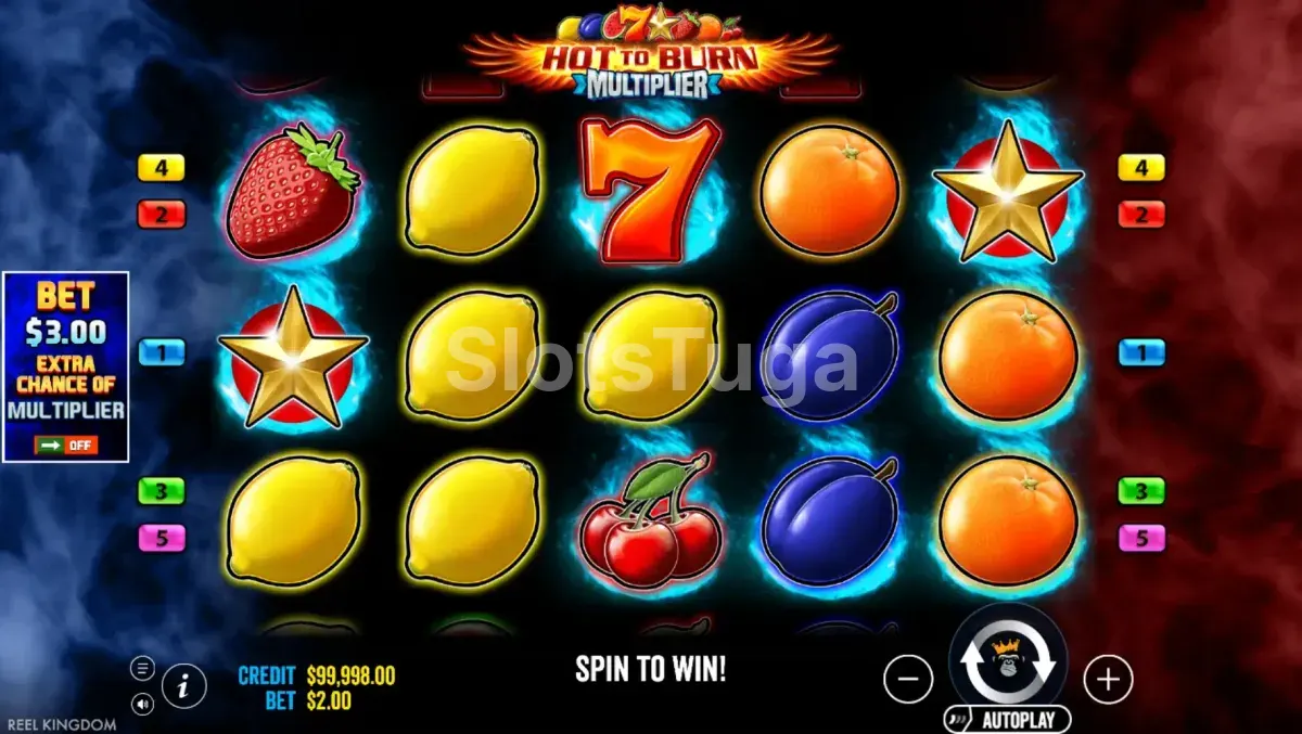 Tela principal da slot Hot to Burn Multiplier com frutas e símbolos clássicos
