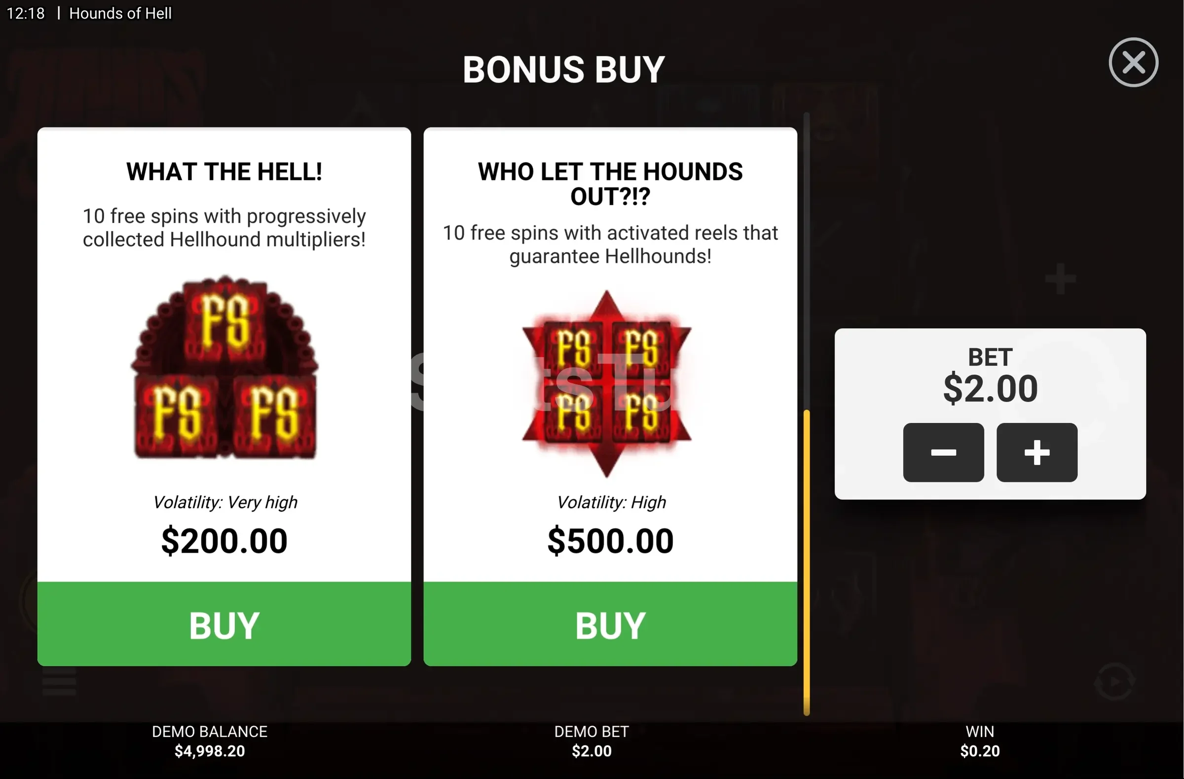 Tela de compra de bônus do Hounds of Hell com as opções disponíveis