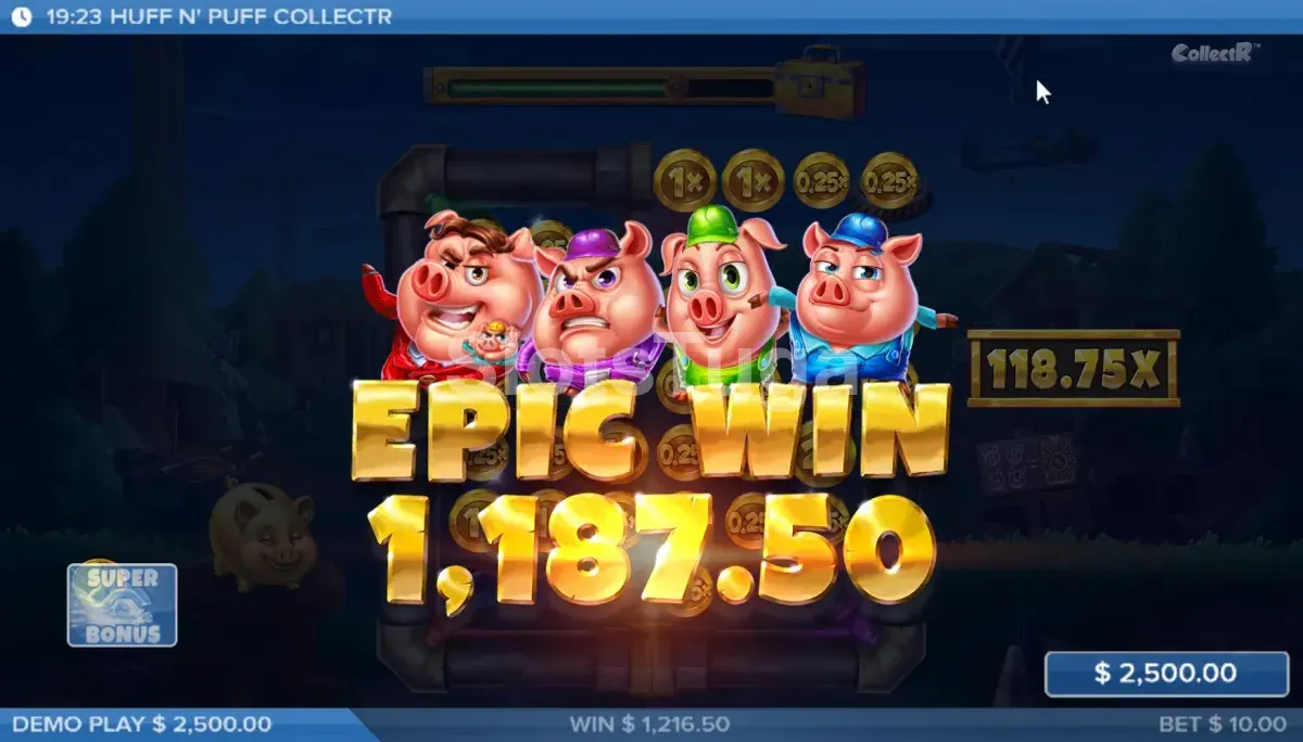 Big win conquistado no Huff N' Puff CollectR com a tela de grande vitória