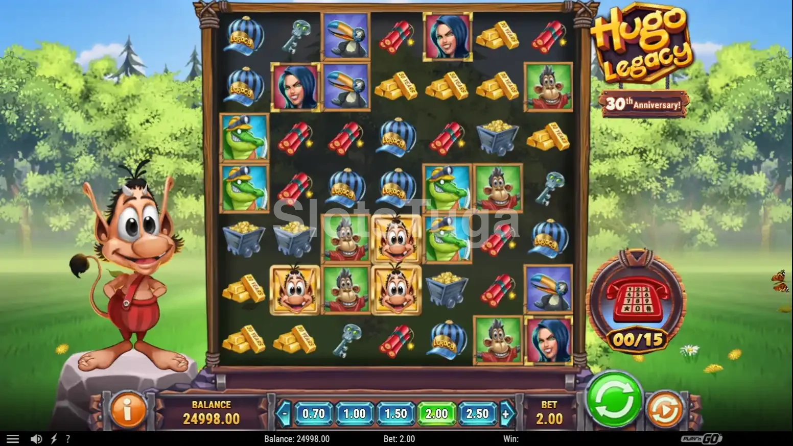 Jogo base da slot Hugo Legacy com grade 7x7 e o trollzinho ao lado