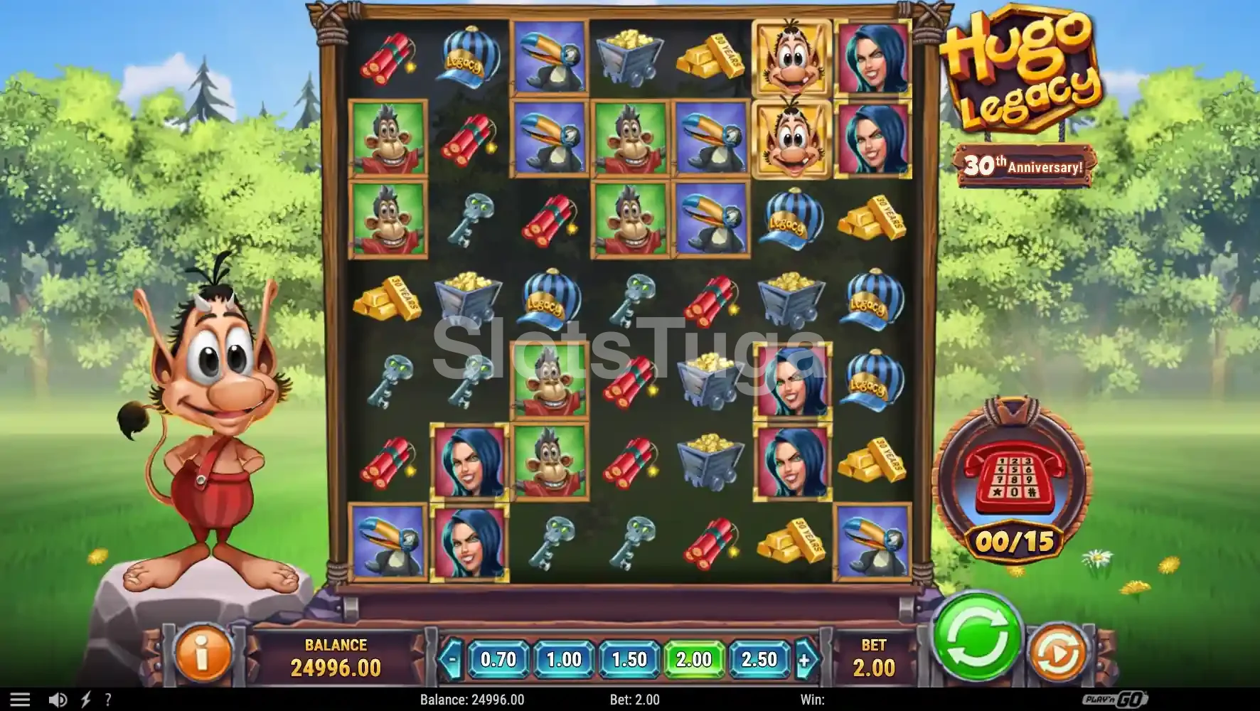 Segunda visão do jogo base do Hugo Legacy com cascata de símbolos em ação