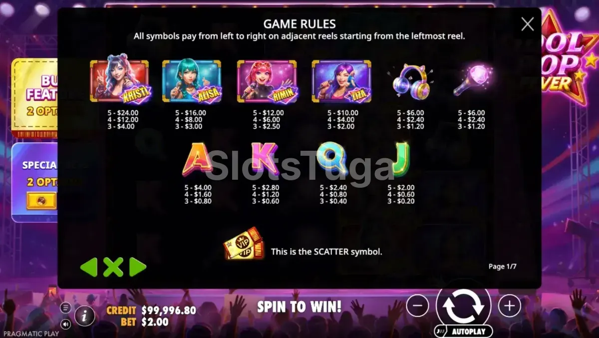 Tabela de pagamentos do slot Idol Pop Fever mostrando os símbolos e multiplicadores