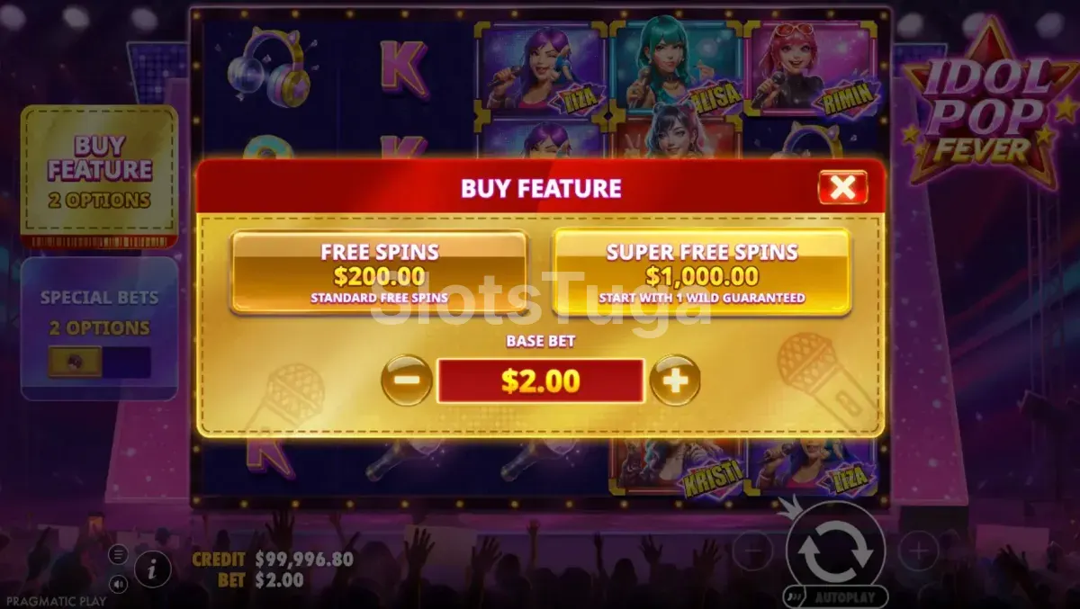 Tela de compra de bônus do Idol Pop Fever com as opções disponíveis