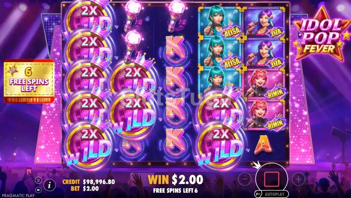 Modo de rodadas grátis ativado no Idol Pop Fever com multiplicadores crescentes