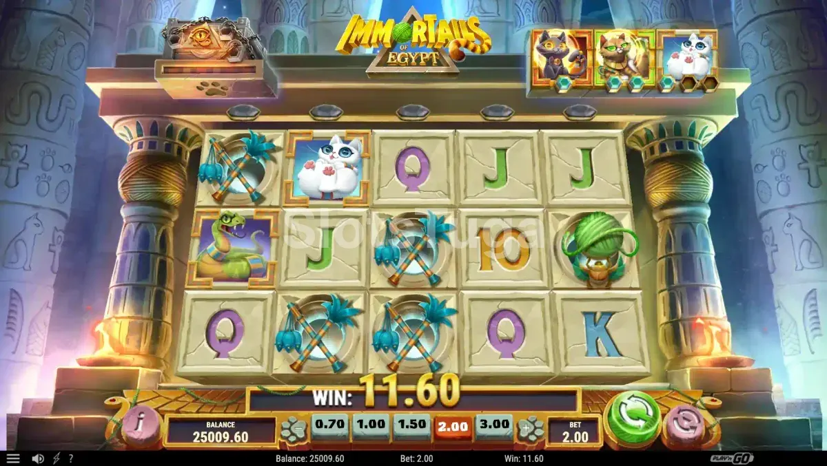 Tela principal do slot Immortails of Egypt com gatos no cenário egípcio