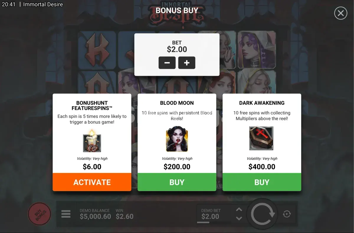 Opção de compra de bônus disponível na Immortal Desire