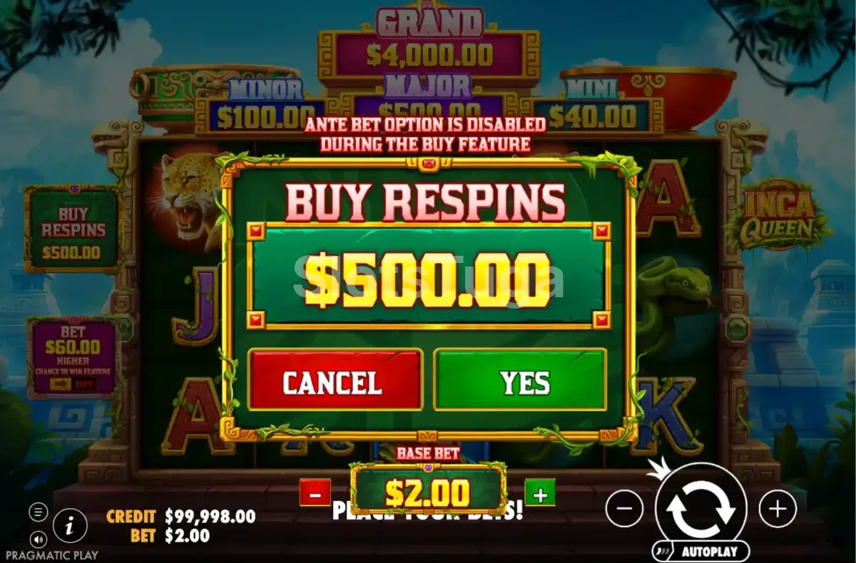 Opção de compra de bônus na slot Inca Queen da Pragmatic Play