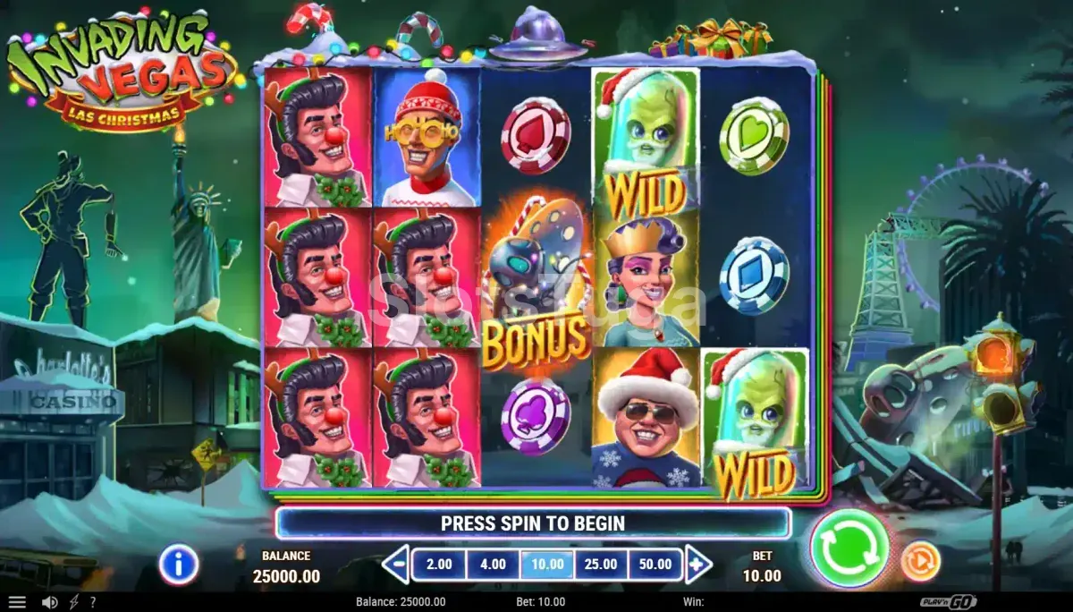 Tela principal da slot Invading Vegas Las Christmas com cenário natalino