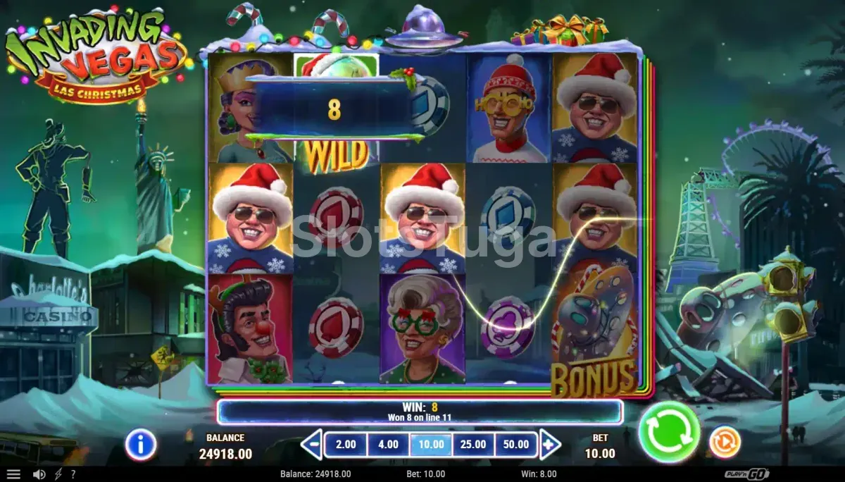 Resultado de rodada com Walking Wild ativo na Invading Vegas Las Christmas
