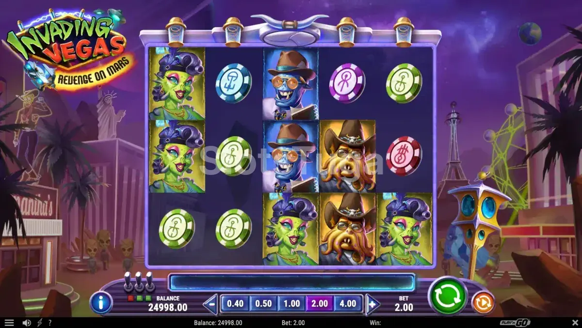 Tela principal da slot Invading Vegas Revenge on Mars com o cenário marciano
