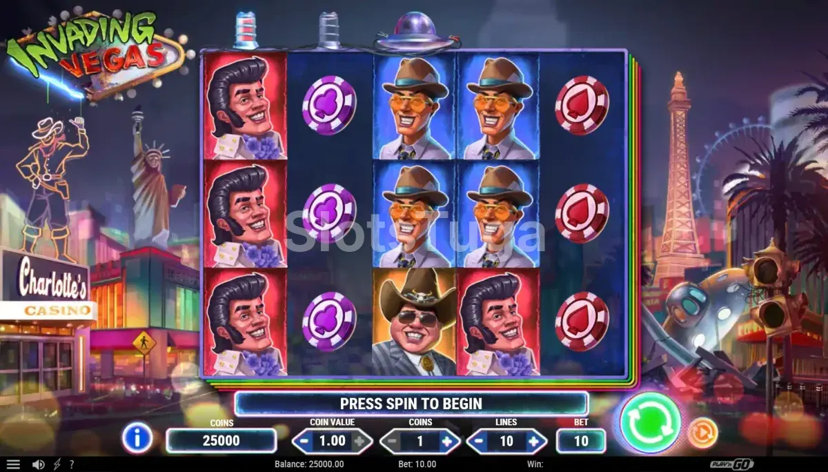 Tela principal do jogo Invading Vegas com os aliens invadindo Las Vegas