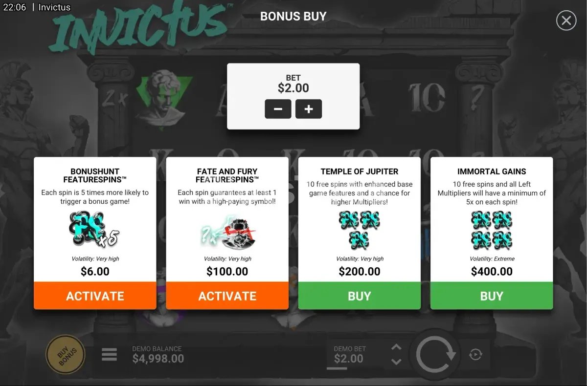Compra de bônus na slot Invictus da Hacksaw Gaming