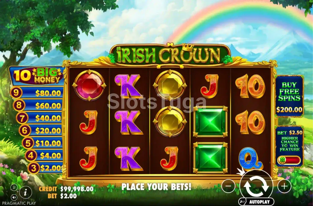Jogo base da Irish Crown com rolos e símbolos irlandeses