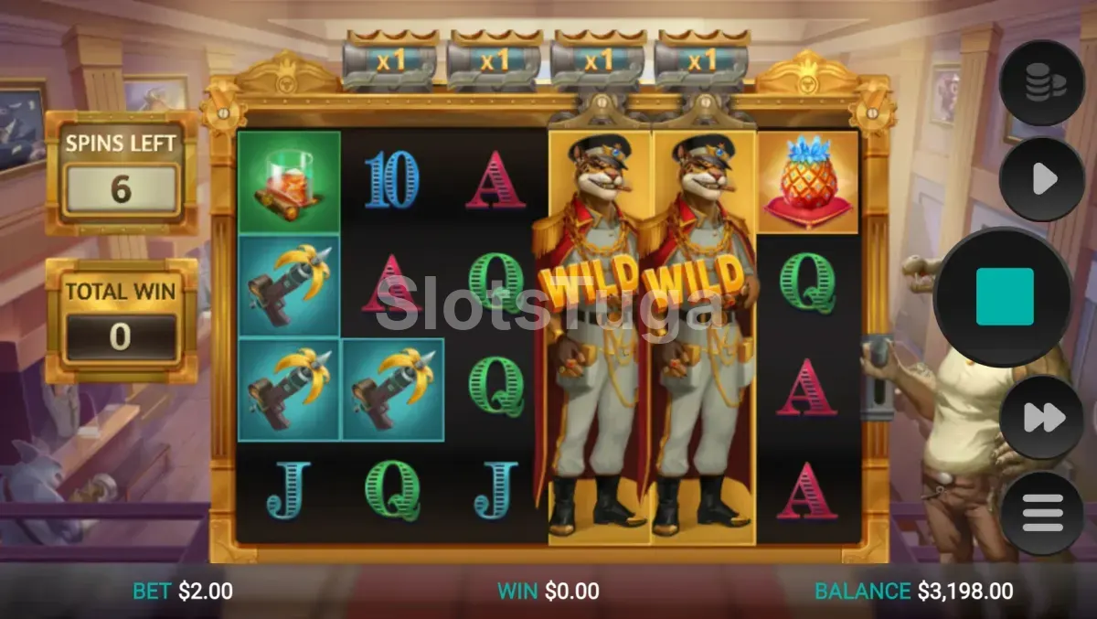 Rodadas grátis de Iron Bank 2: dois wilds de guarda de uniforme e boné nos rolos quatro e cinco, pistolas com bananas, um copo de uísque e um ananás de cristal azul, com quatro multiplicadores x1 por cima dos rolos, dentro do salão dourado de um banco.