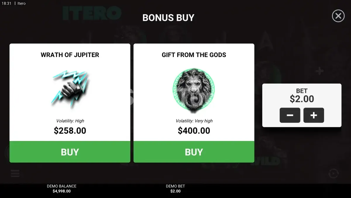 Tela de compra de bônus da Itero Hacksaw Gaming