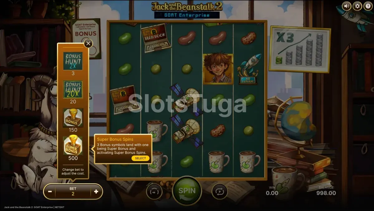 Menu de Bonus Buy em Jack and the Beanstalk 2 com as quatro opções disponíveis