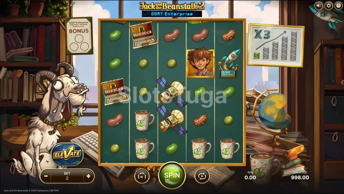 Rodada base de Jack and the Beanstalk 2 com Jack e Goaty McGoatface no escritório