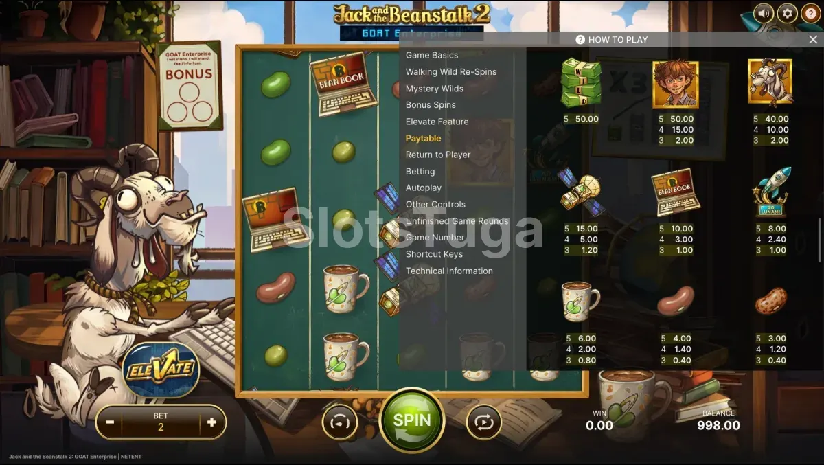 Tabela de pagamentos de Jack and the Beanstalk 2 com feijões, troféus e satélites