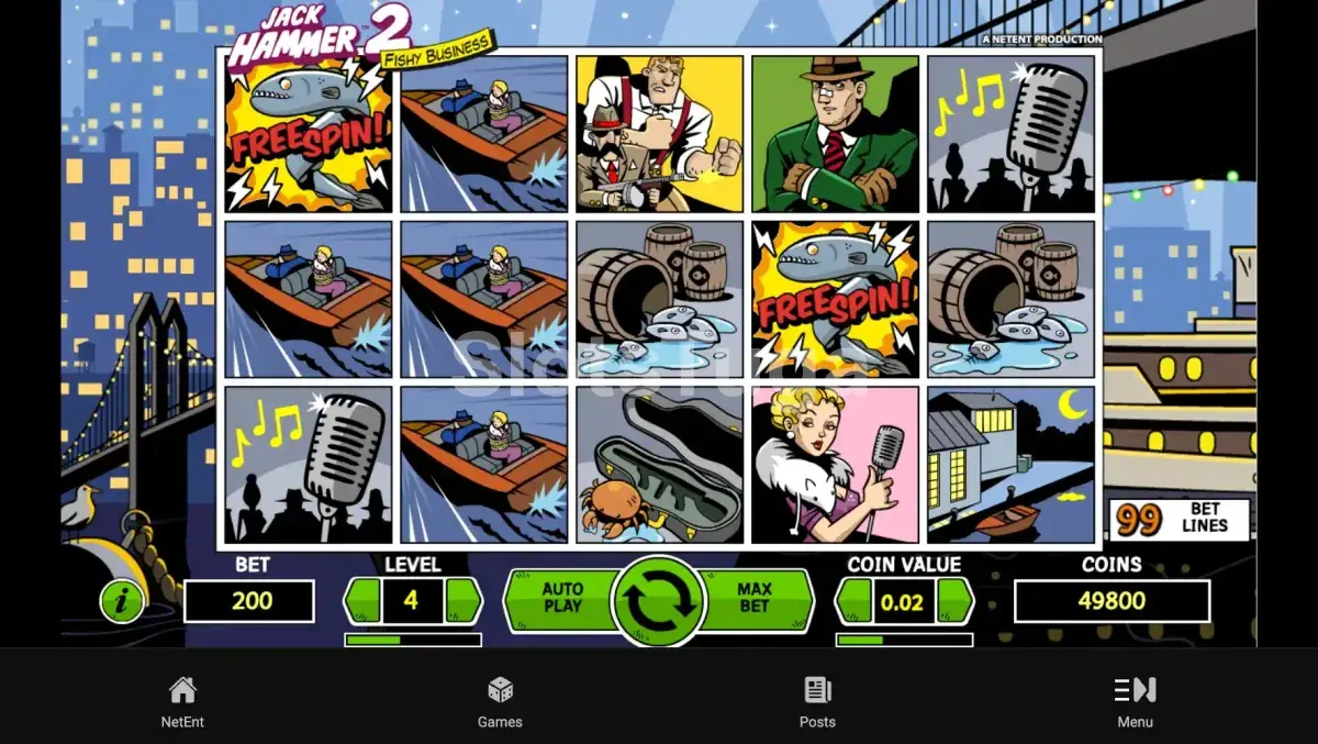 Jogo base de Jack Hammer 2 com as 99 linhas de aposta activas e dois símbolos Free Spin visíveis na grelha.