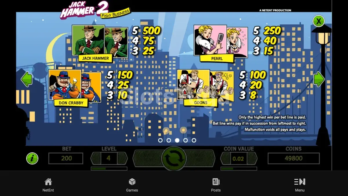 Tabela de pagamentos da slot Jack Hammer 2 com todos os símbolos e seus valores