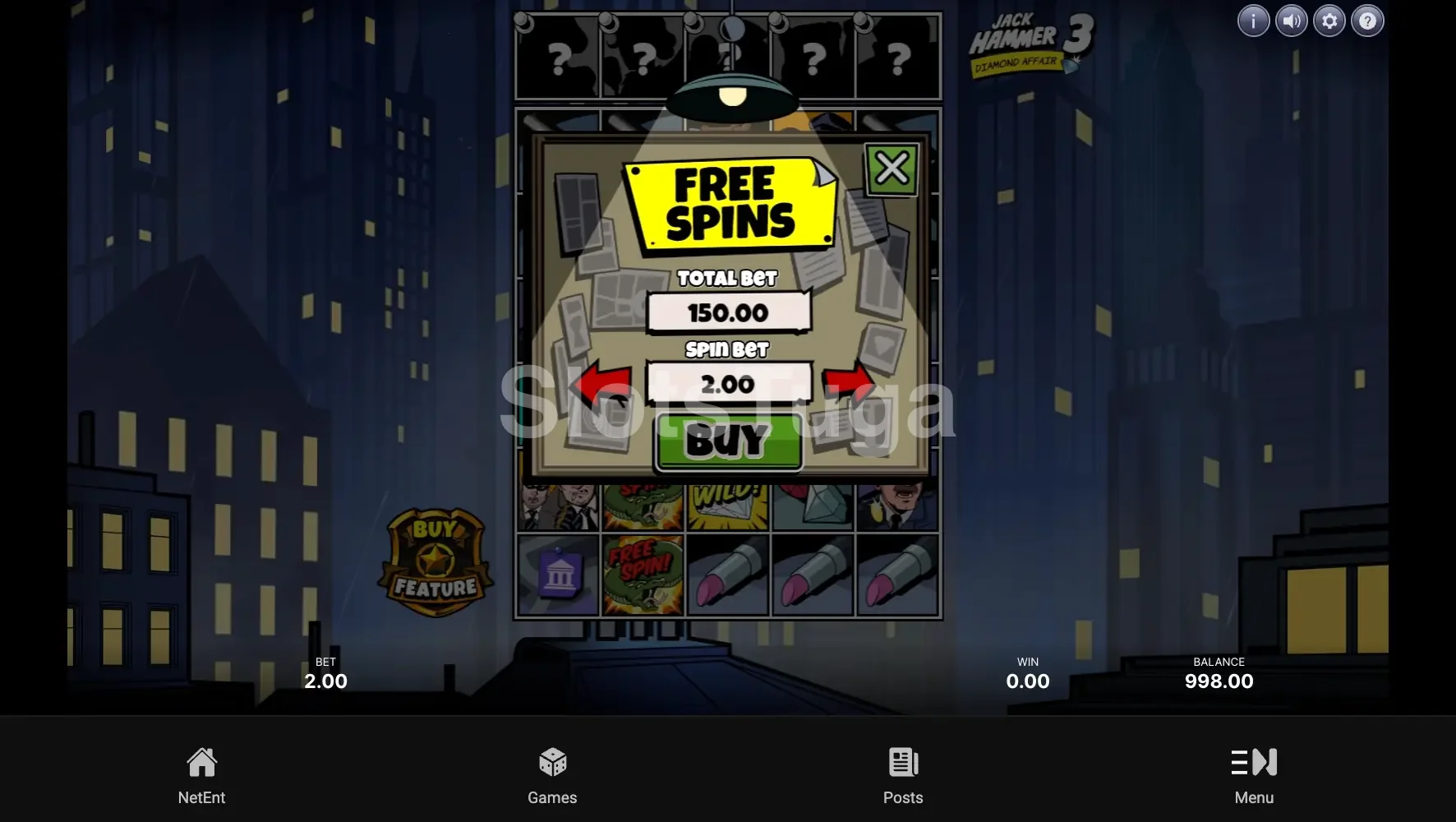 Tela de compra de bônus do Jack Hammer 3 por 75x a aposta
