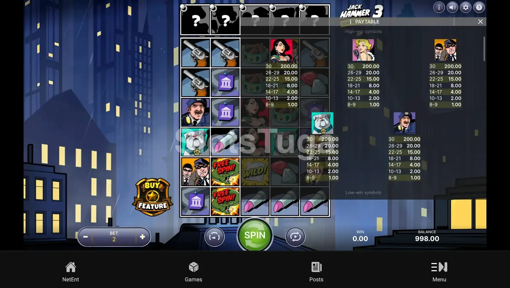 Tabela de pagamentos do Jack Hammer 3 com todos os símbolos