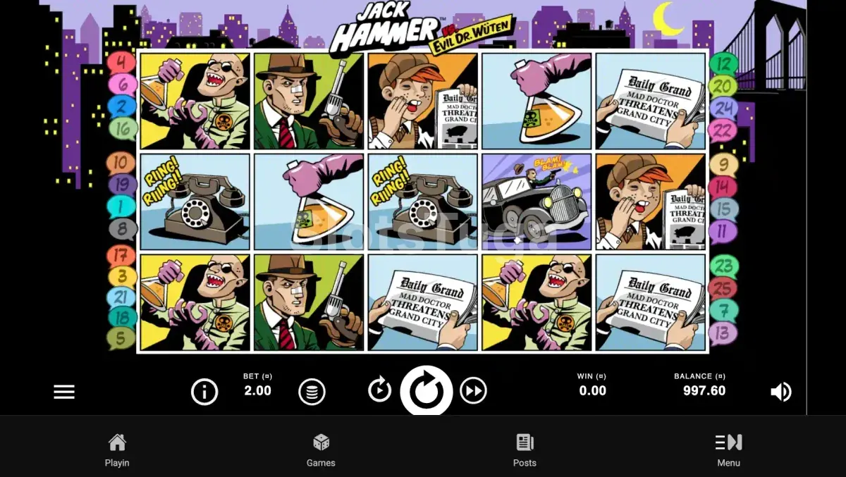 Jogo base da slot Jack Hammer com cenário noir e personagens em estilo HQ