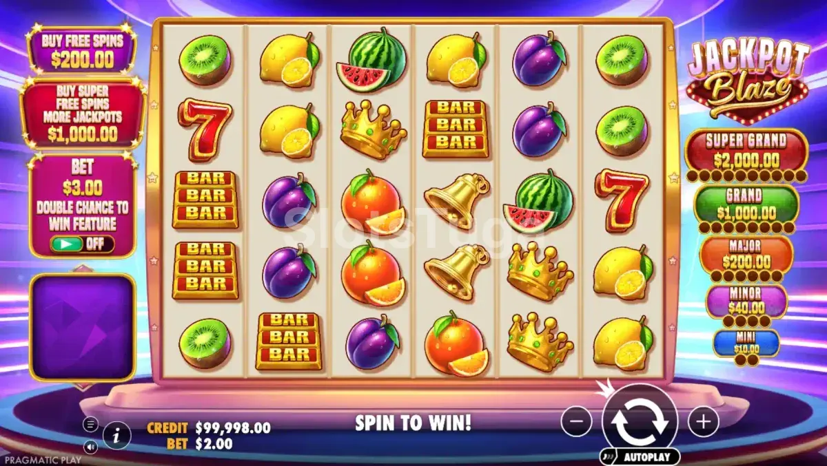 Tela principal do jogo Jackpot Blaze com símbolos clássicos de frutas