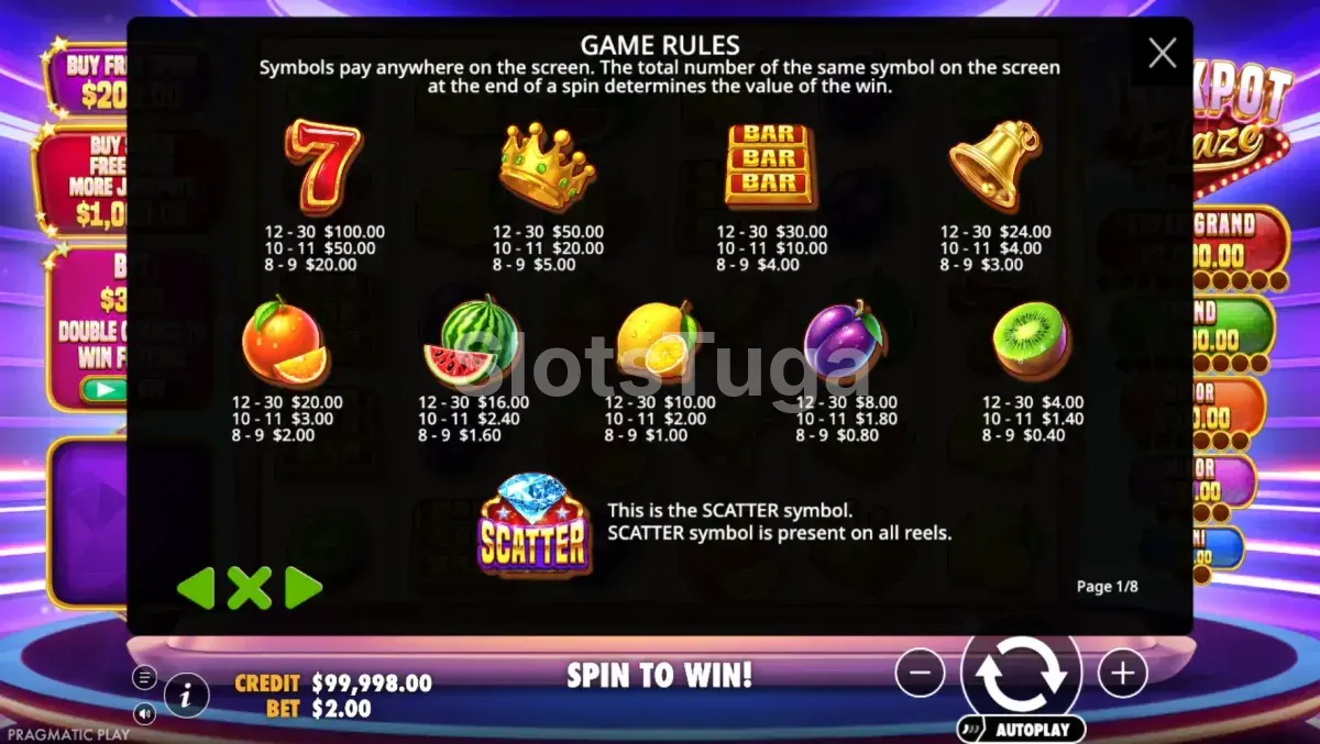 Tabela de pagamentos da Jackpot Blaze mostrando valores por combinação
