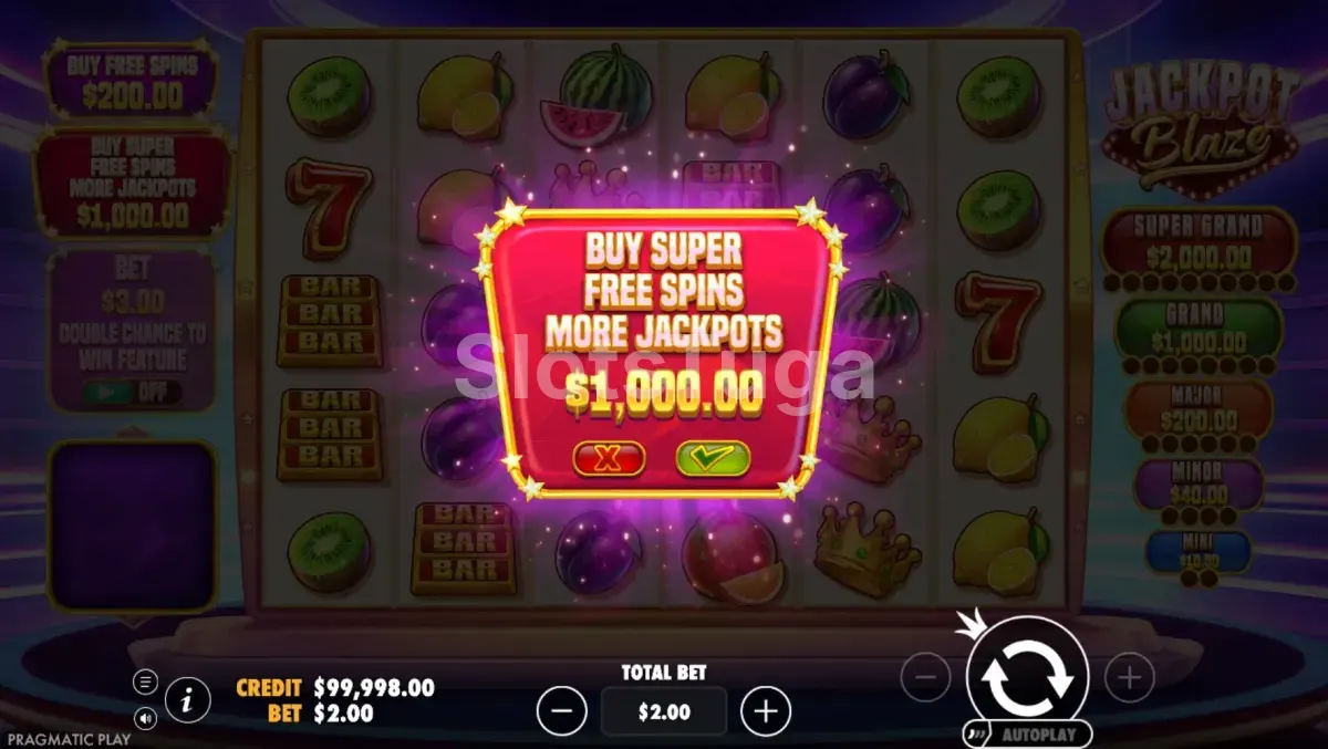 Tela de compra de bônus da Jackpot Blaze com opções de free spins e super free spins