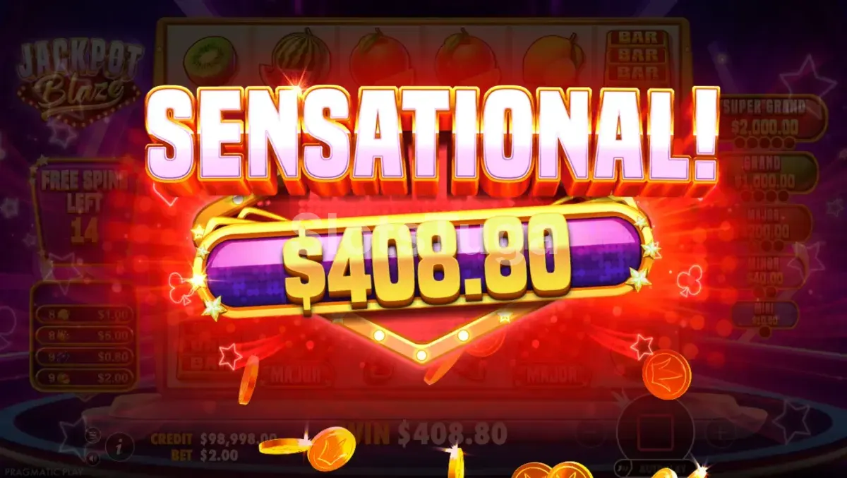 Grande vitória na Jackpot Blaze com animação de comemoração na tela