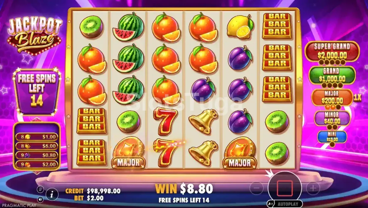 Rodada de free spins da Jackpot Blaze com medidores de jackpot acumulando