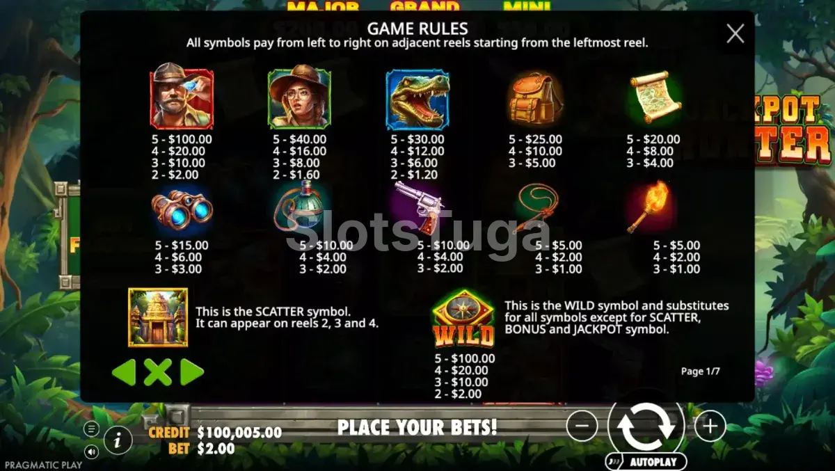 Tabela de pagamentos da slot Jackpot Hunter Pragmatic Play