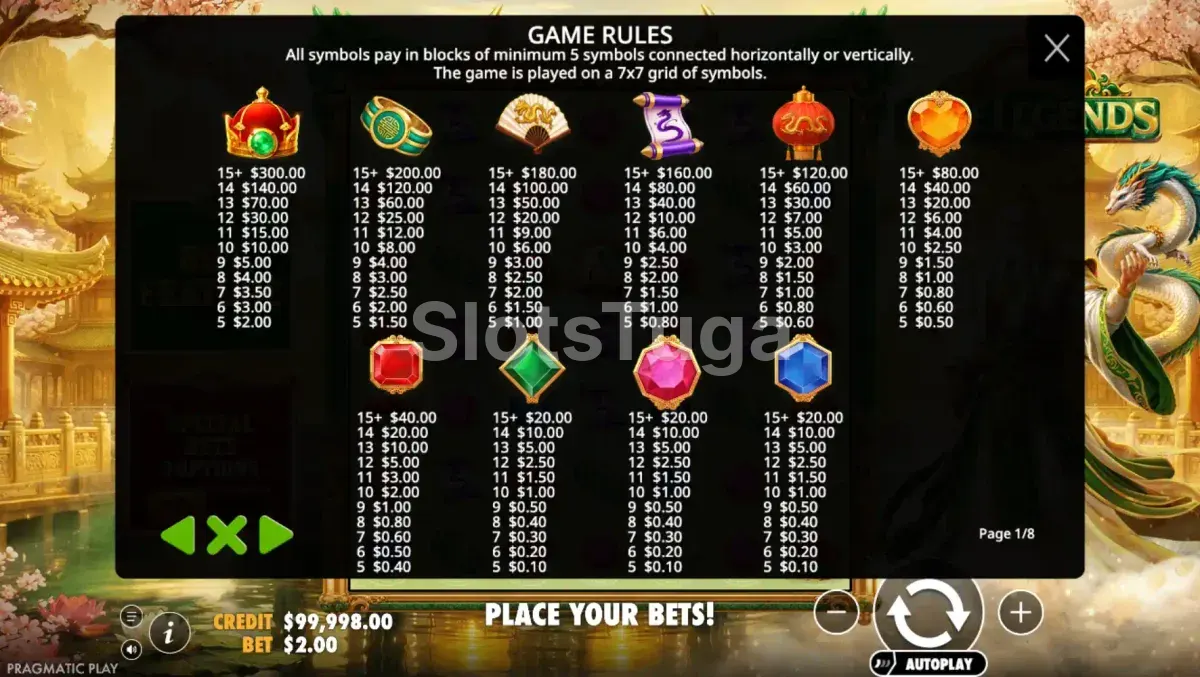 Tabela de pagamentos do Jade Legends