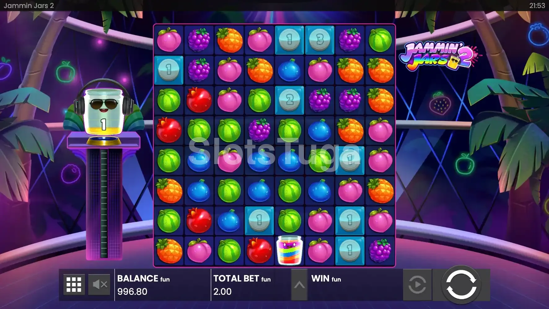 Funcionalidades em ação na Jammin' Jars 2 com Wild Jars e multiplicadores ativos