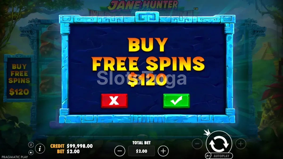 Interface de compra de bônus do jogo Jane Hunter and the Mask of Montezuma da Pragmatic Play