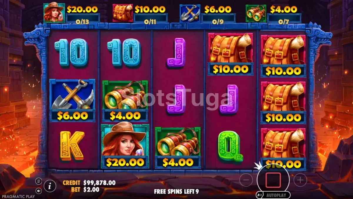 Modo de rodadas grátis ativado na slot Jane Hunter and the Mask of Montezuma com multiplicadores