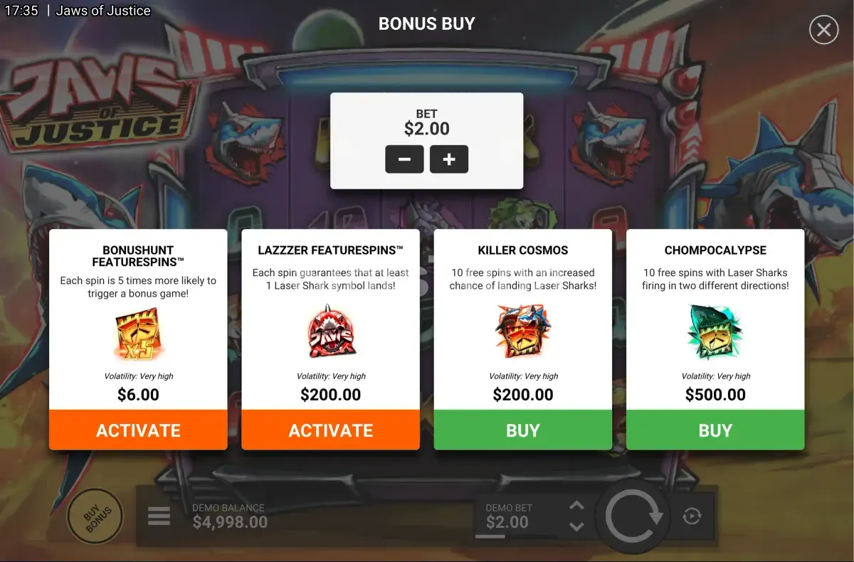 Tela de compra de bônus da Jaws of Justice com as opções disponíveis