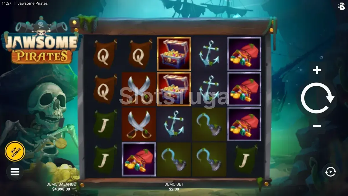 Jogo base da slot Jawsome Pirates com piratas e tubarões