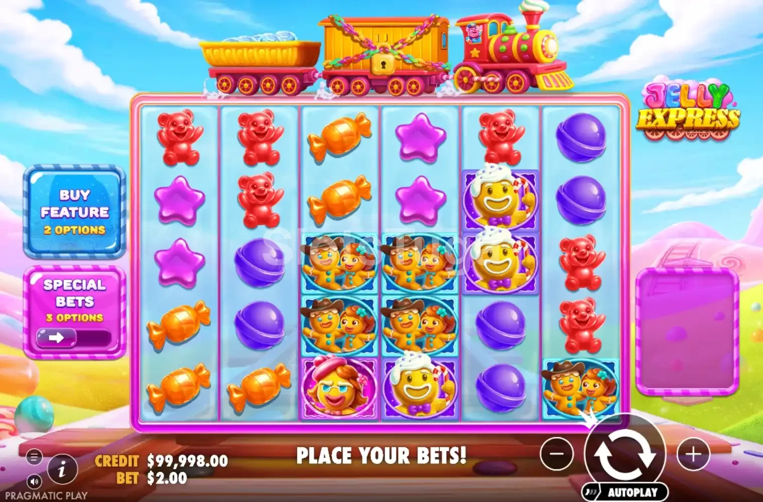 Jogo base da Jelly Express com rouleaux coloridos e símbolos de gelatina