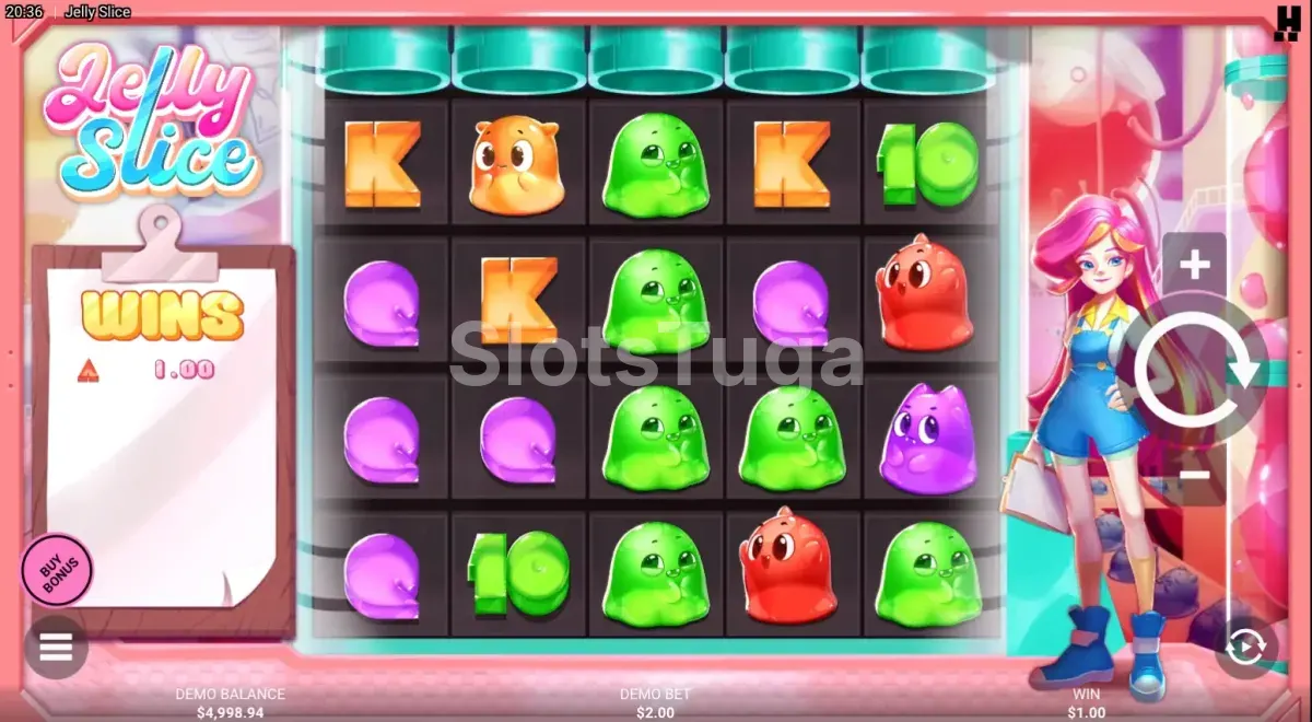 Jogo base da Jelly Slice com personagem anime e rolos coloridos