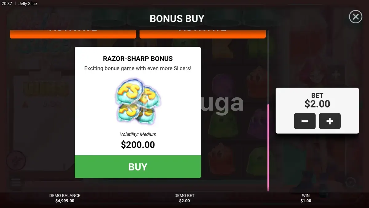 Tela de compra de bônus da Jelly Slice com diferentes opções disponíveis