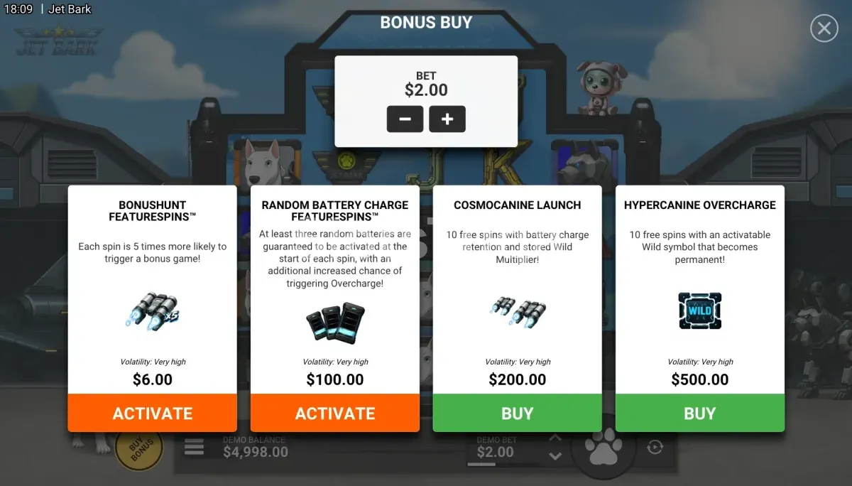 Compra de bónus em Jet Bark