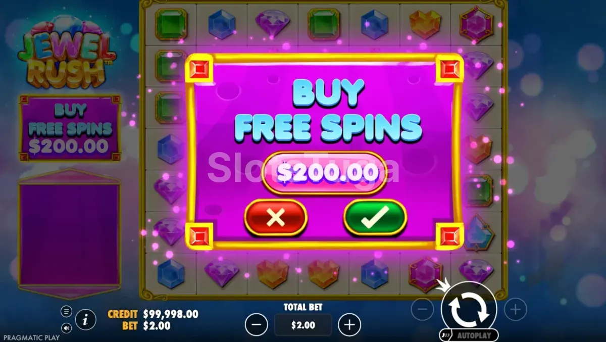 Tela de compra de bônus da Jewel Rush com opção de 100x a aposta