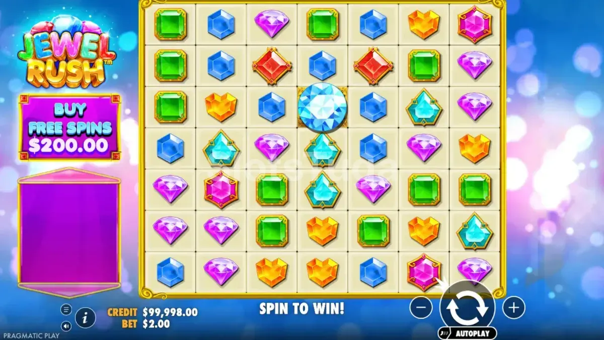 Jogo base da Jewel Rush com grid 7x7 e símbolos de gemas coloridas