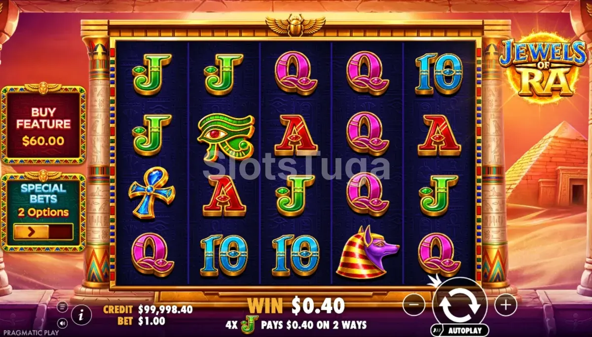 Jogo base de Jewels of Ra com a grelha de 5 rolos e 4 linhas