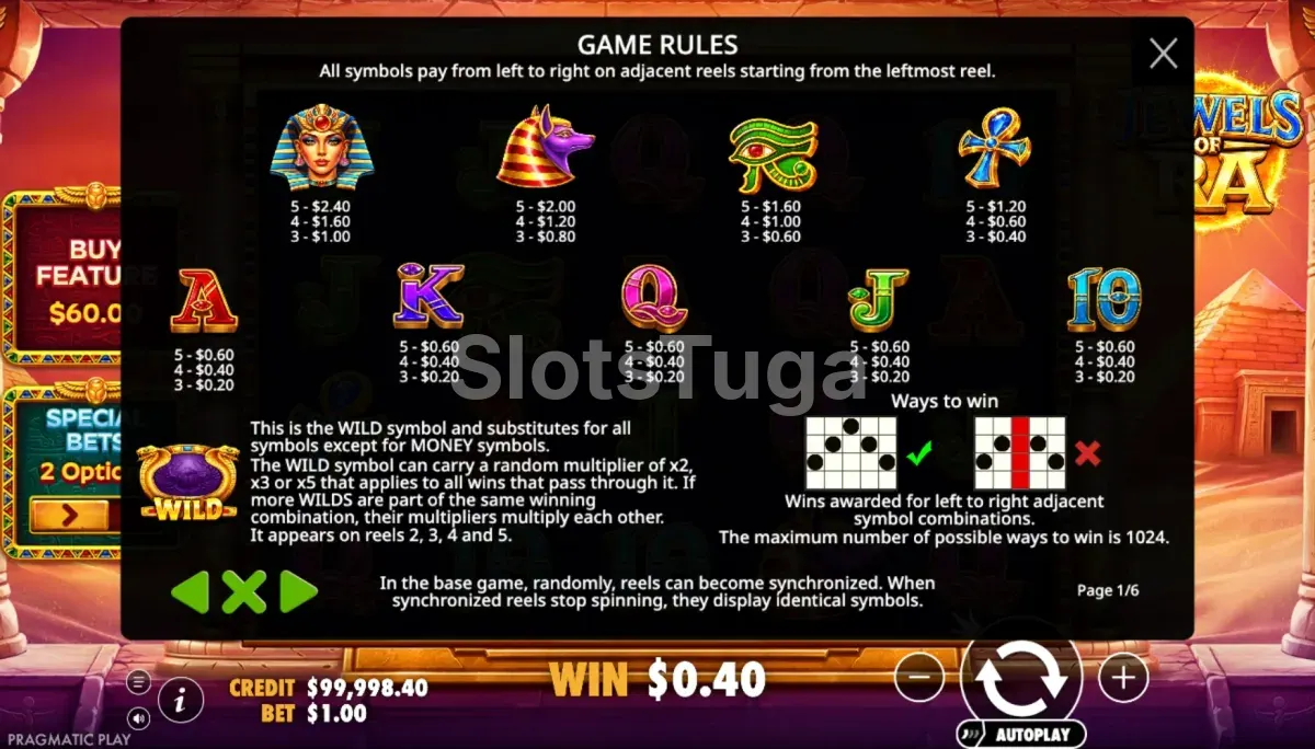 Tabela de pagamentos de Jewels of Ra com símbolos e wilds