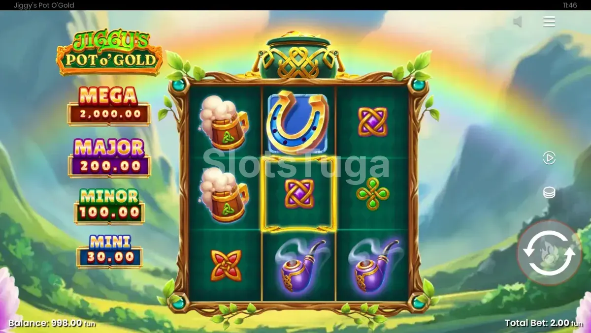 Tela principal do jogo Jiggy's Pot O'Gold com grade 3x3 e símbolos irlandeses