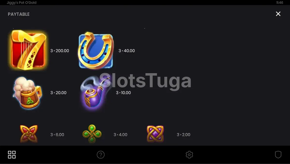 Tabela de pagamentos do Jiggy's Pot O'Gold mostrando valores dos símbolos
